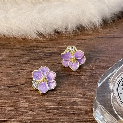 Purple Glazed Flower Stud Earrings